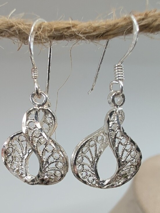 925 Sterling Silver Jewelry - Vintage Sterling Silver 925 Filigree Lace Drop Earrings Dangle Art Nouveau